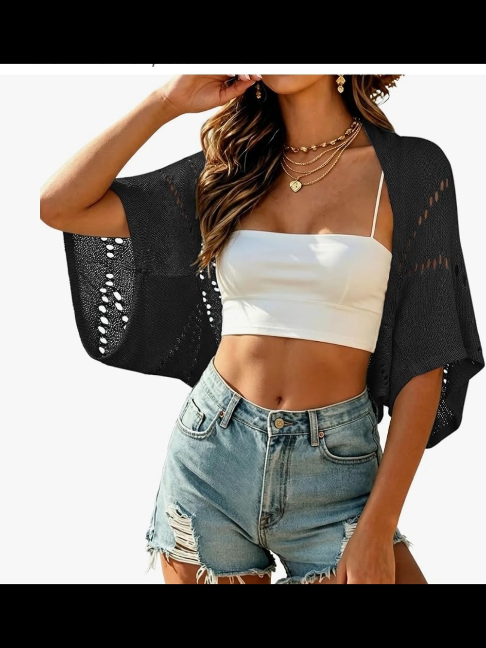 Lightweight Black Knit Open-Front Women's Cardigan)Shrug